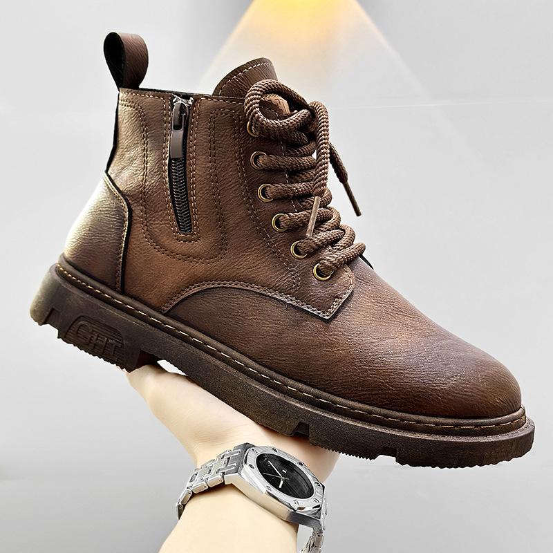Zipper Martin boots men's boots high-top new British retro tooling men's shoes trendy casual short boots brown leather shoes