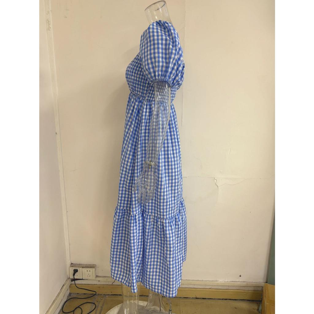 Plus Size  Summer Country Style Gingham V-Neck Puff Sleeve High Waist Tiered Cake Dress Casual Summer Dress