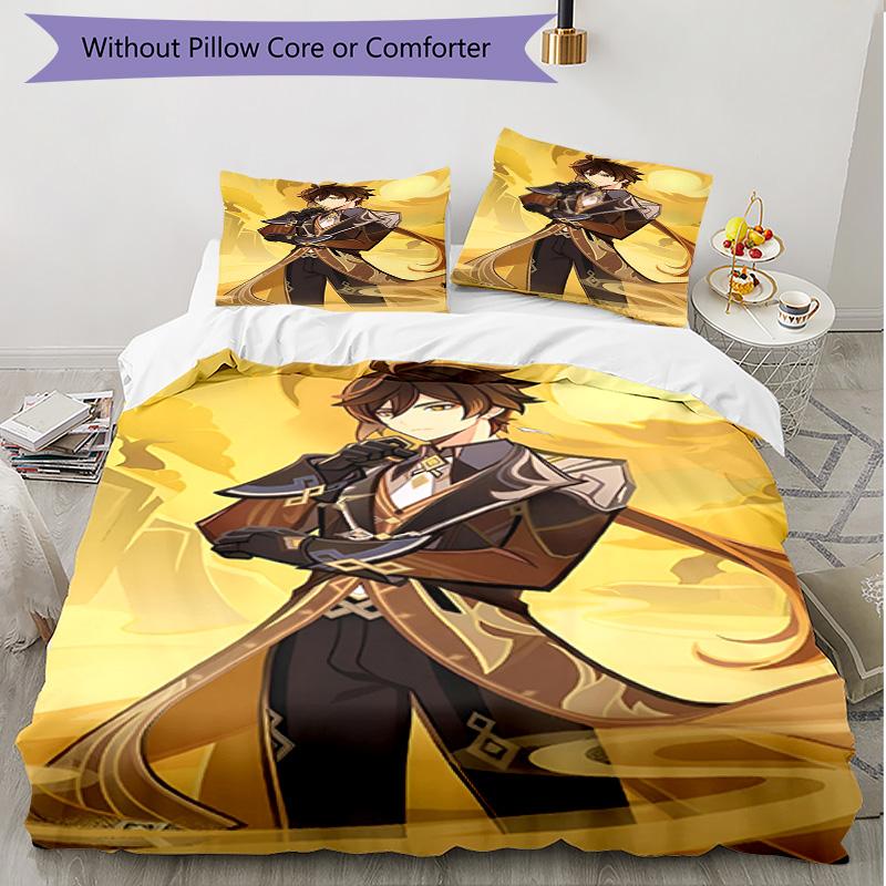 3pcs Duvet Cover Set (1*Duvet Cover + 2*Pillowcase, Without Core), Genshin Impact Print Soft All‑Season Bedding Set, Home Bedroom Decor Gift