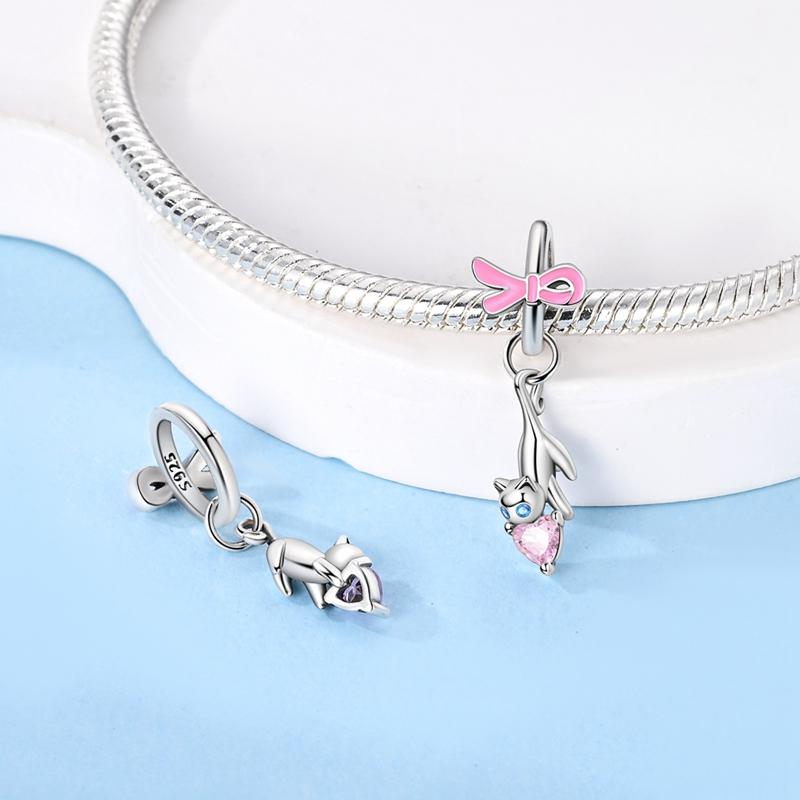 Charms Original Copper Cat Pink Heart Pendant Beads Fit Bracelet Women Jewelry Diy Fine Gift Accessory