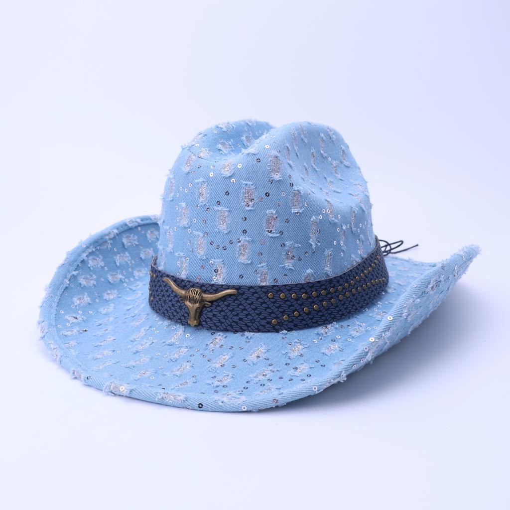 High-Quality Old Denim Ripped Western Denim Hat Fashionable Black Cow Head Belt Jazz Hat European And American Style Top Hat