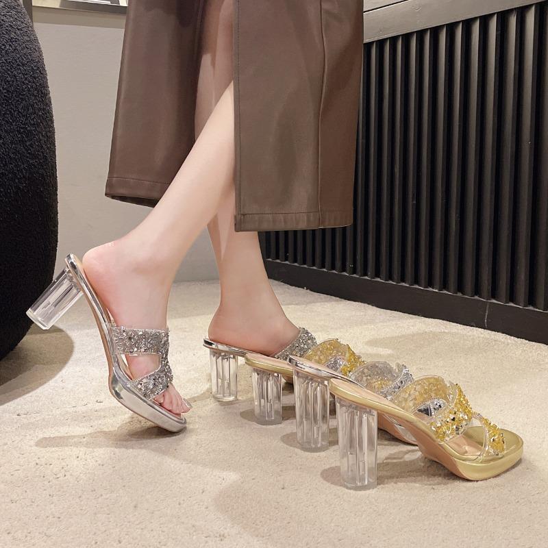 High heels women's summer new thick heel fashion rhinestone sandals round head waterproof table outside slippers