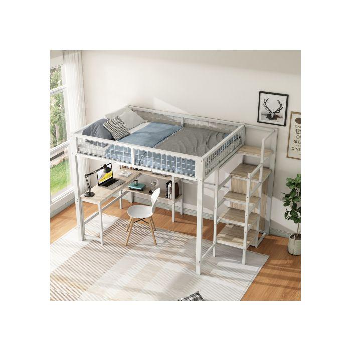 Lit mezzanine - MUVOE - 140x200 cm - Blanc - Armoire intégrée - Bureau spacieux