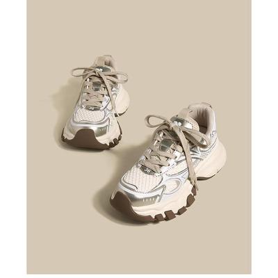 Ασημί Αυθεντικό Δέρμα Chunky Sneakers Γυναικεία Νέα Άνοιξη και Φθινόπωρο Στυλ Χονγκ Κονγκ Βαριά Βιομηχανία Χοντρή Σόλα Αθλητικό Άγριο Ελεύθερο Χρόνο