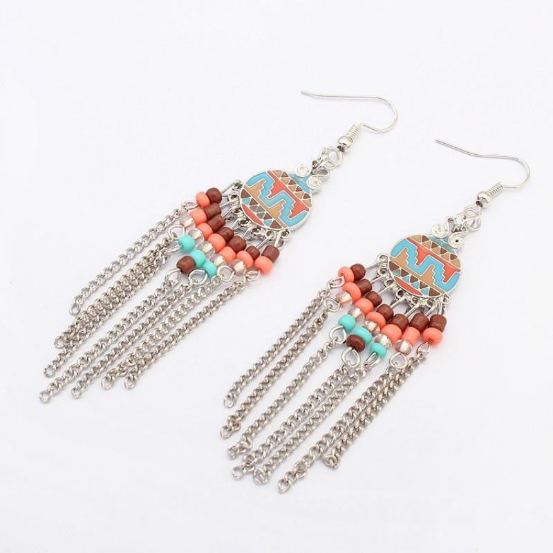 Retro-Mode Quastenohrringe, windbemalte Perlen-Langohrringe mit Accessoires
