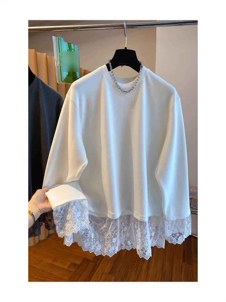 Women's White Patchwork Lace Long Sleeve T-shirt, Autumn/Winter 2025 - New Loose Fit, Slimming, Thickened Inner Layer