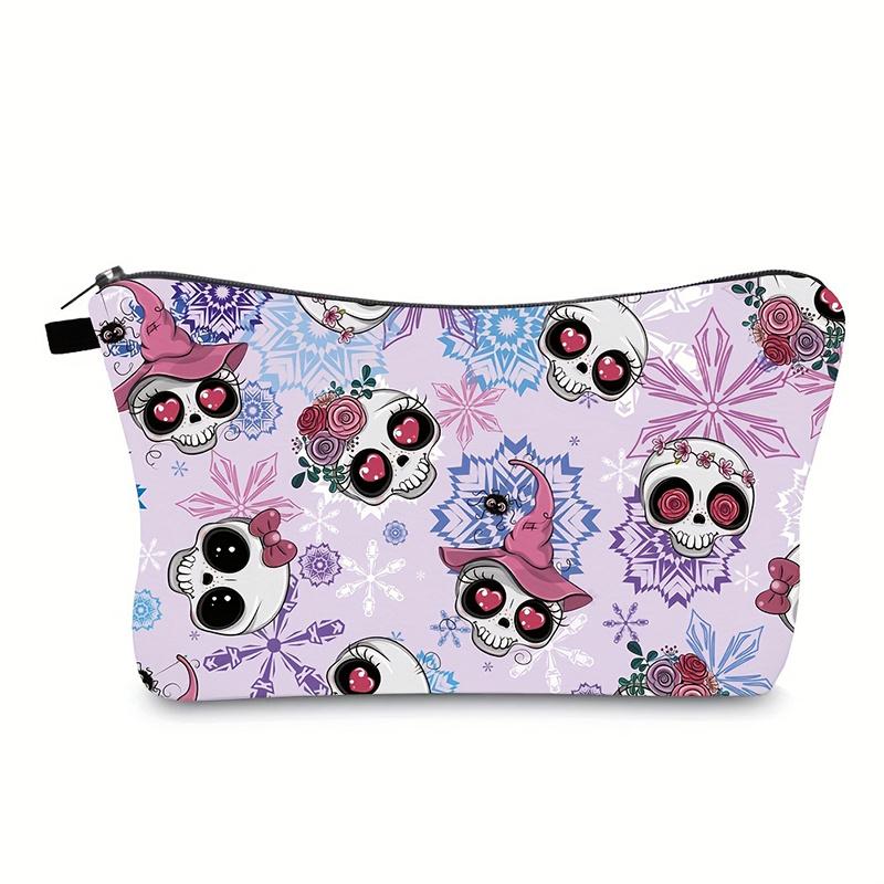 1pc Skull Head Pattern Printed Makeup Bag Travel Portable Cosmetic Brush Organizer Bag Pouch for Women Girls Halloween Gift