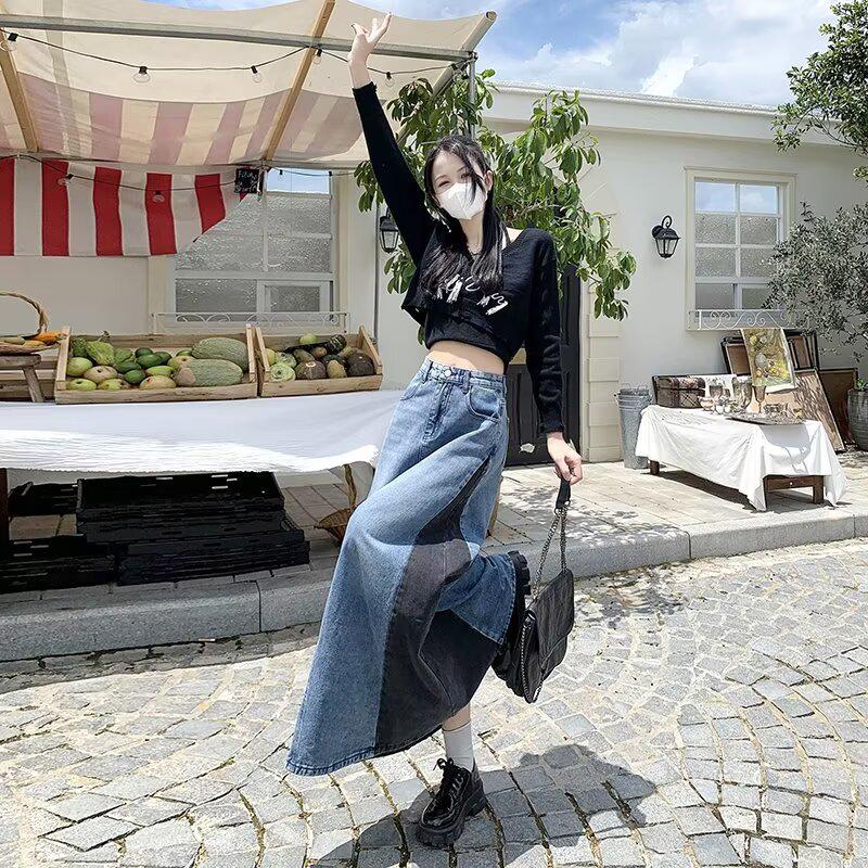 Fustă midi A-line din denim patchwork retro - Primăvara 2025 Design color block subțiere pentru femei