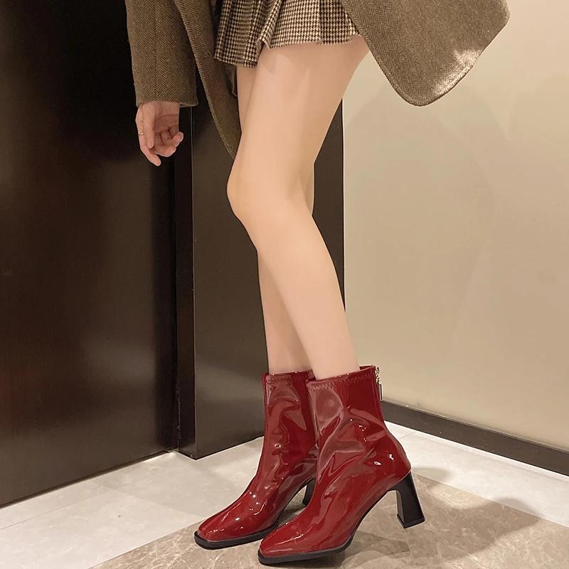 Fashion 2025 Autumn and Winter New High-end High-heeled Booties Women's Block Heel Square Toe White Skinny Boots