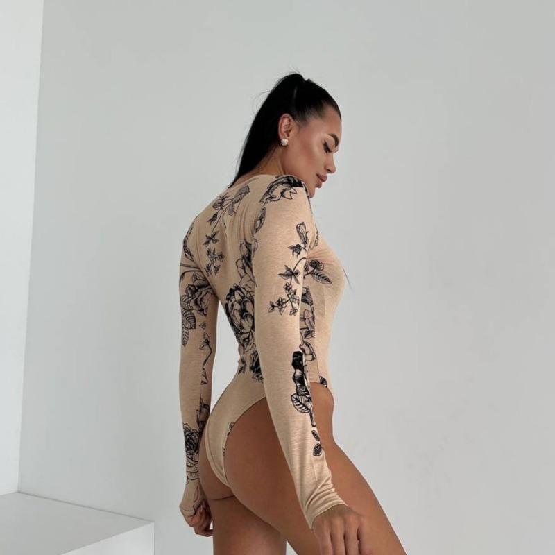 Women Sexy European Style Round Neck Long Sleeve Printed Slim Fit Bodysuit