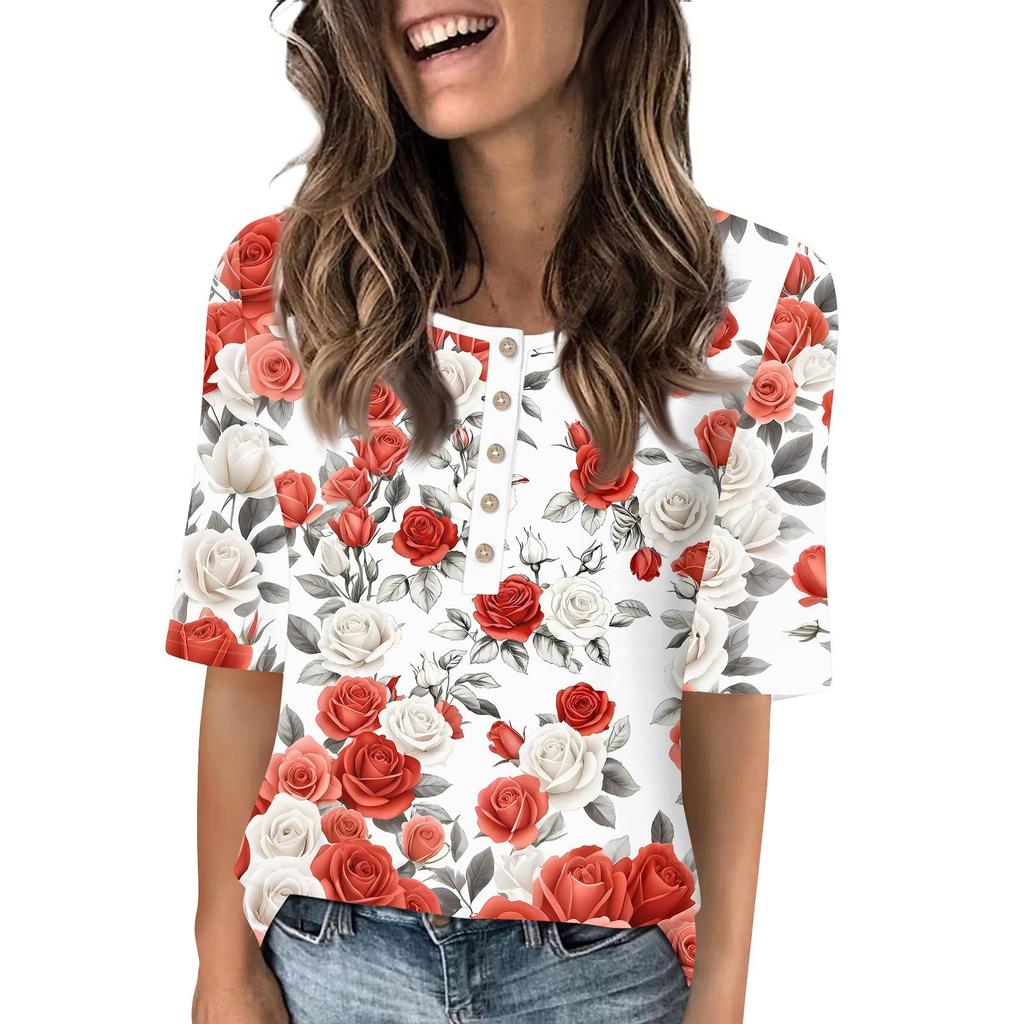Shirts For Women Trendy Round Neck Button T Shirts Printed Blouse Half Sleeve Tops For Women