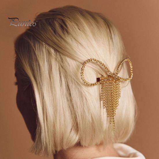 Hollow Bow Hair Clip Clip, Short Chain Tassel Hairpin, Metal Elastic for Medium Bowknot Ponytail Holder Accessories Women Girls Gold Plated