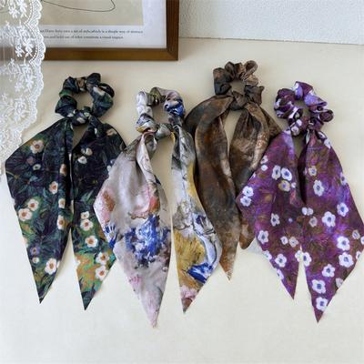 Vintage Druck Blume Farbic Stoff Langes Band Scrunchie Für Frauen Einfarbig Elastische Haarbänder Pferdeschwanzhalter Haartuch Kopfschmuck