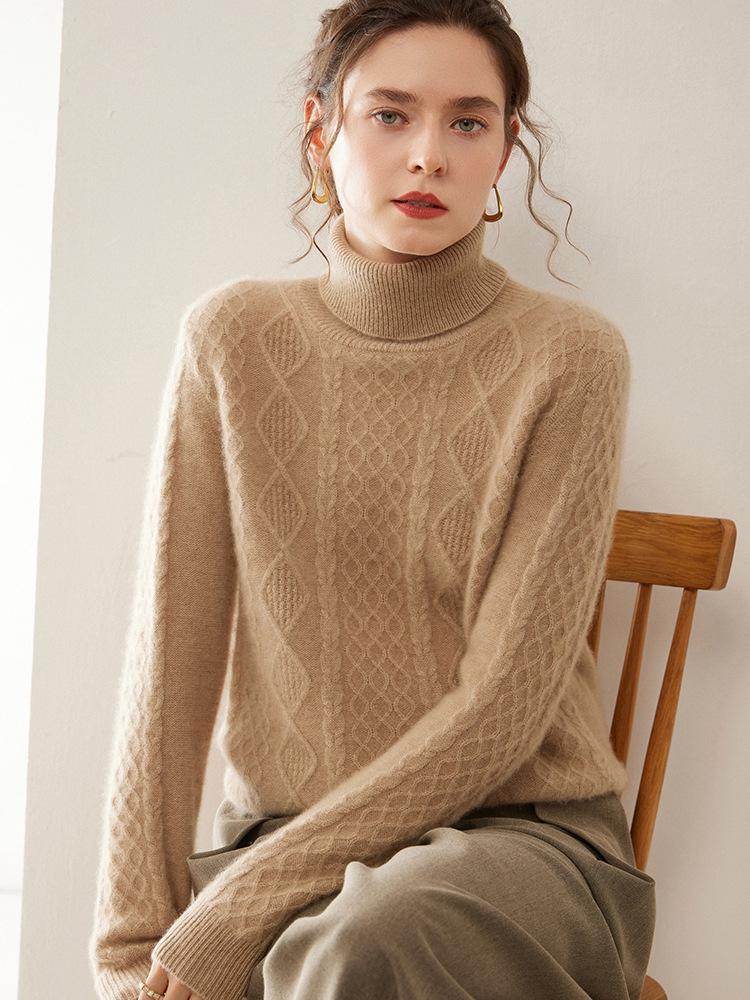 Ladies' Retro High-Neck Double-Strand Cashmere Knit Pullover