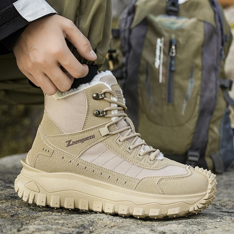 Men's Winter High-Top Snow Boots with Fleece Lining Thickened Non-Slip Warm Fur and Cold-Resistant Cotton Hiking Shoes Sneakers