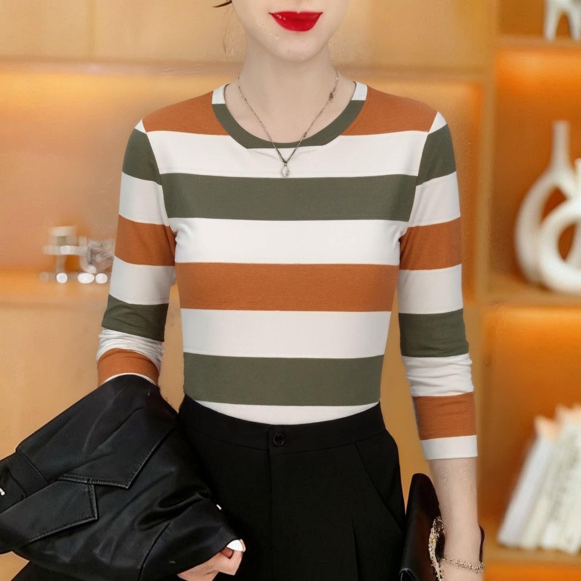 

Retro Stripe Style Long Sleeve Top for Women - Slimming & Stylish Spring Fashion for Middle-Aged and Elderly Moms L