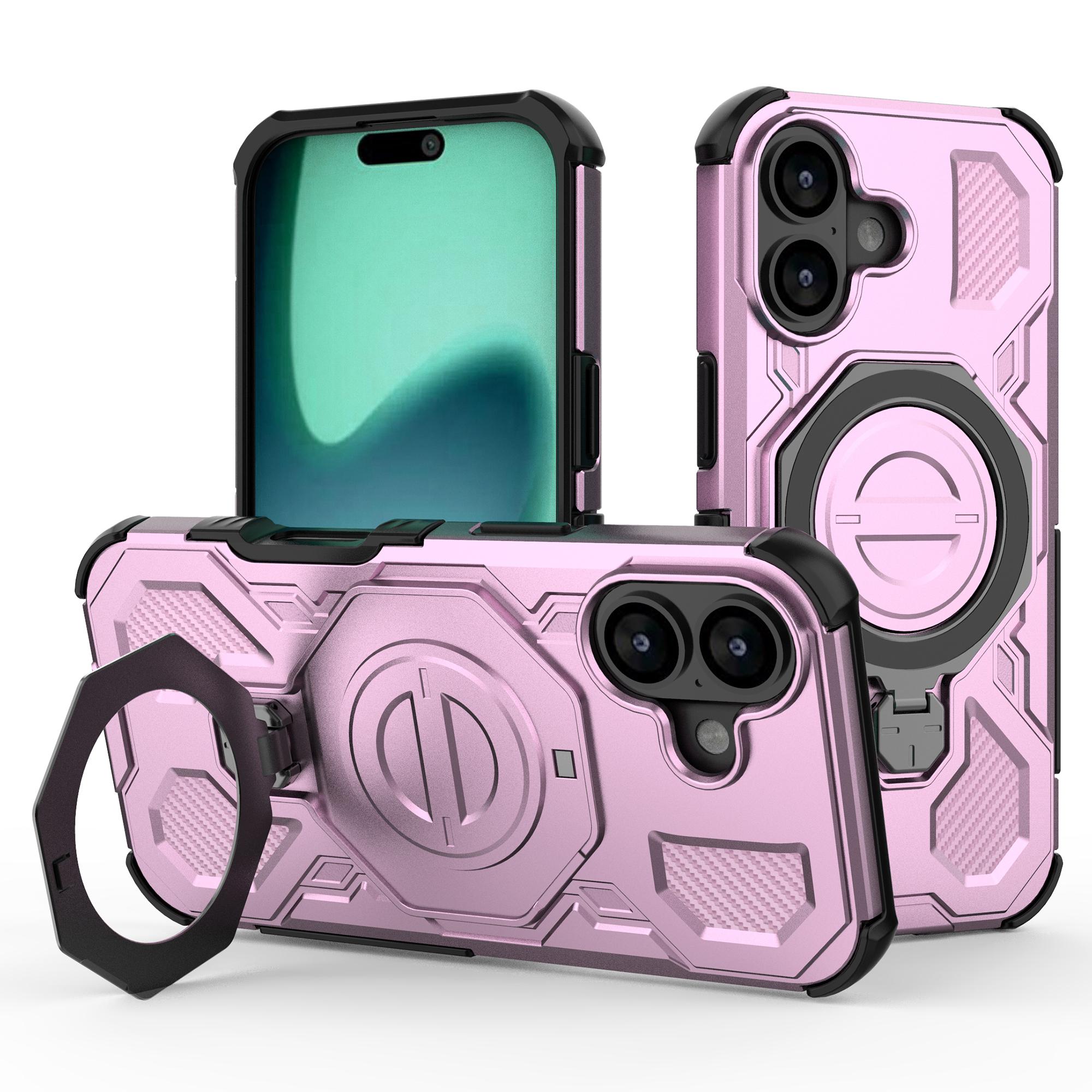 

For iPhone 17 Magnetic Case Rotating Metal Kickstand Shockproof PC+TPU Phone Back Cover Pink