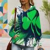 Women Plus Size Long Sleeve Dark Green Clover Printed Drawstring Hoodie Kangaroo Pocket Pullover