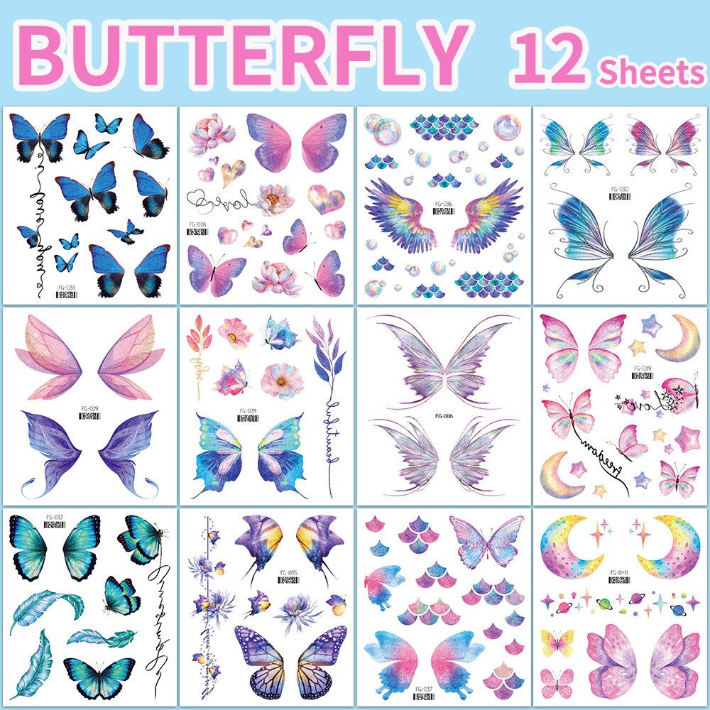 12 Sheets Waterproof Temporary Glitter Butterfly Tattoos Suitable for Women Girls Shiny Glitter Body Art Stickers with Butterfly Wings