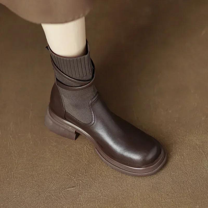 Women's New Chelsea Boots Retro Women's Thick Soled Shoes Thick Heel Elastic Socks Women's Ankle Boots Botines Chelsea