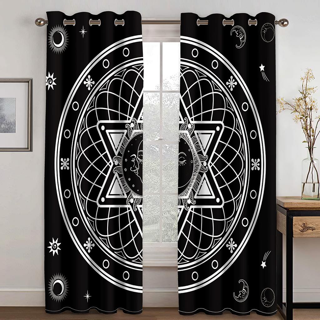 Boho Psychedelic African Women Art Black Stars Moon Panel Thin Shading Polyester Window Curtain for Bedroom Living Room Decor