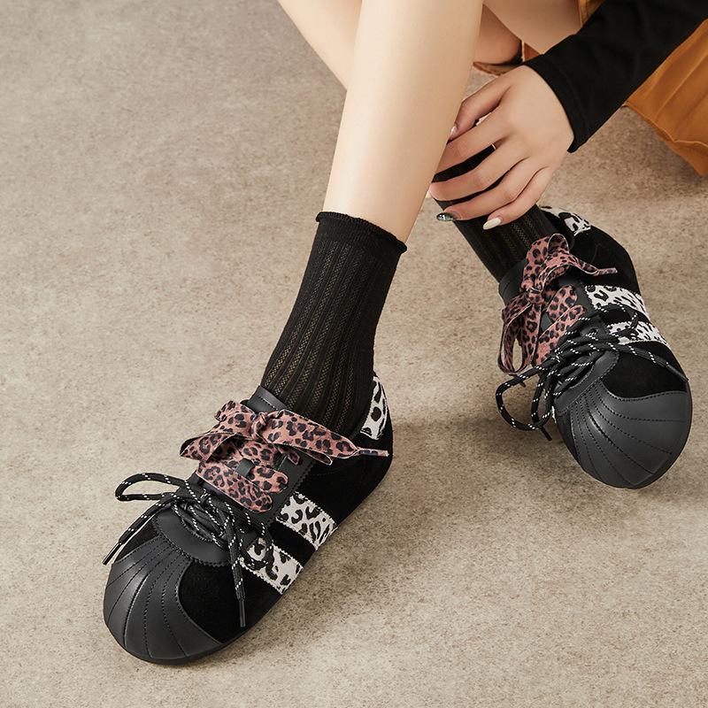 2025 Casual Four Seasons Heightening Retro Leopard Print New Suede Round Head Ugly Cute Contrasting Color Sports Women's Shoes