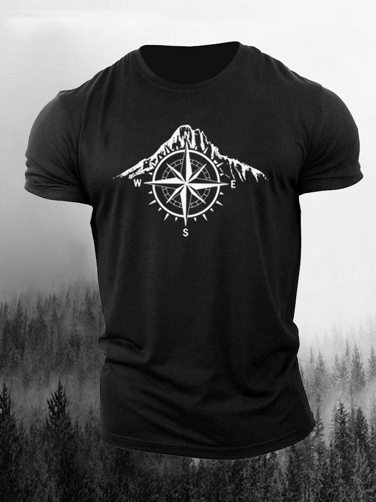 2025 Cross-border Compass Mountain Unisex Summer T-shirt - Short Sleeve, Round Neck, Unique Print