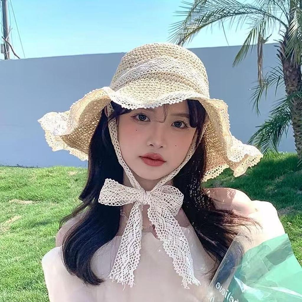 Straw Hat with Lace and Strap UV Sun Beach Resort Hat [Lamerry] Women's - Protection, Protection, Farming, Gardening, Hat,