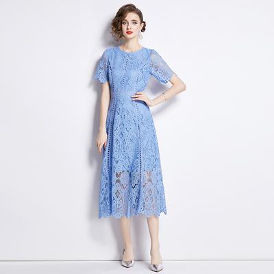 High-End Lace Hollow Out Summer Dress Women's Runway Embroidery Design Vintage Elegant Short Sleeve Long Dresses