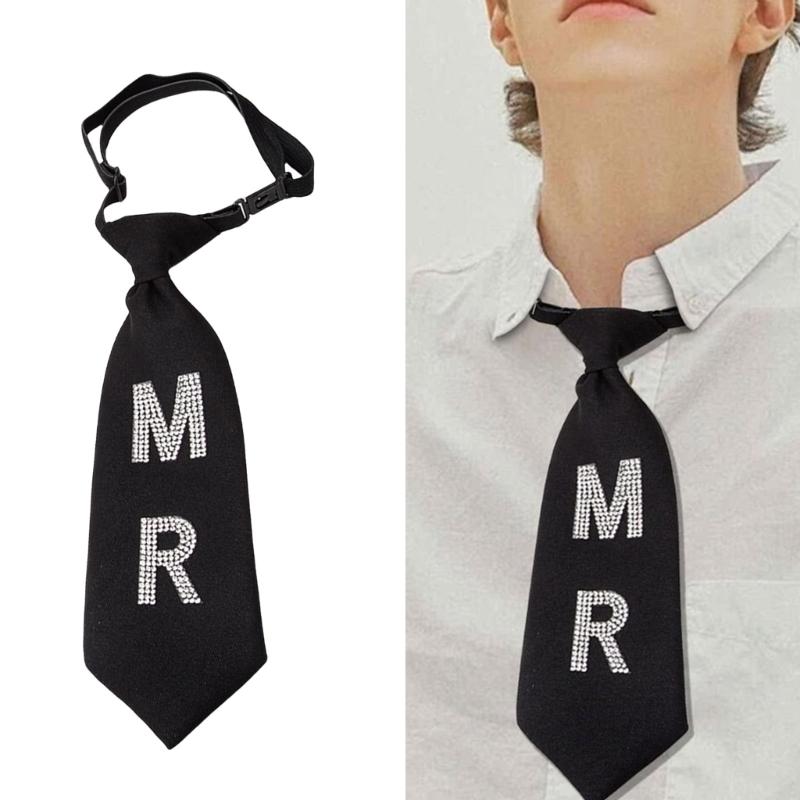 Glitter Pre Tied Tie with MR MRS Letters Rhinestones Embellishment for Men and Women Weddings Festivals Disco Parties
