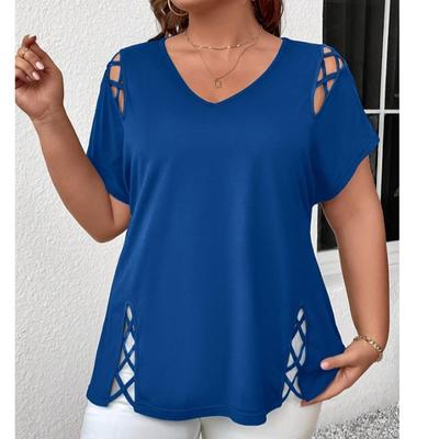 2026 New Large Size Short Sleeve Summer Hollow Out Blouse Women Loose T-shirt Fashion Elegant Solid Color Casual V-neck Office Shirts Sweet Clothing