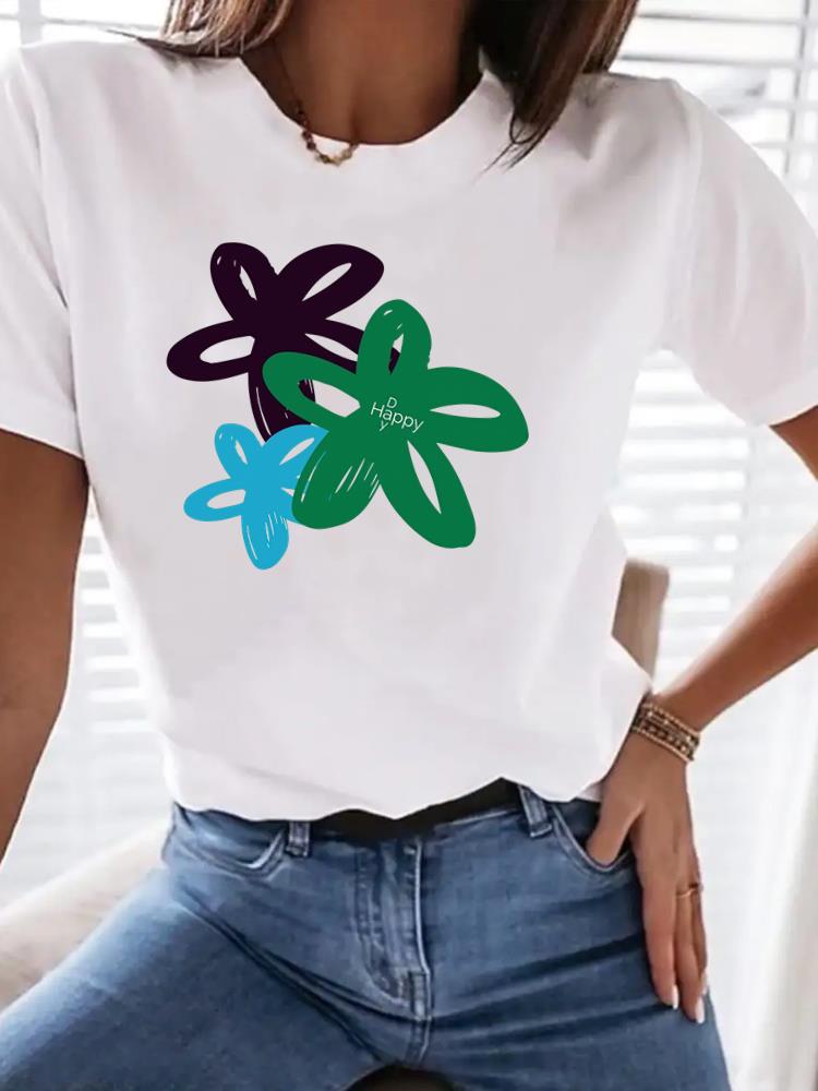 (Asian Size) Print Women Clothing Tee Top flower lovely trend Woman Short Sleeve T Shirt Fashion Female Graphic T-shirts
