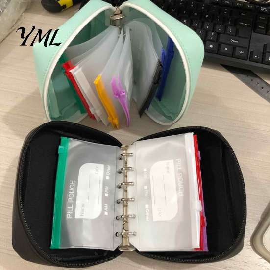 Portable Medication Case for Travel A8 Waterproof Pill Organizer with 7/14 Zippered Pouches, Small Pouch PU Leather Storage Travel, Loose Leaf Binder,