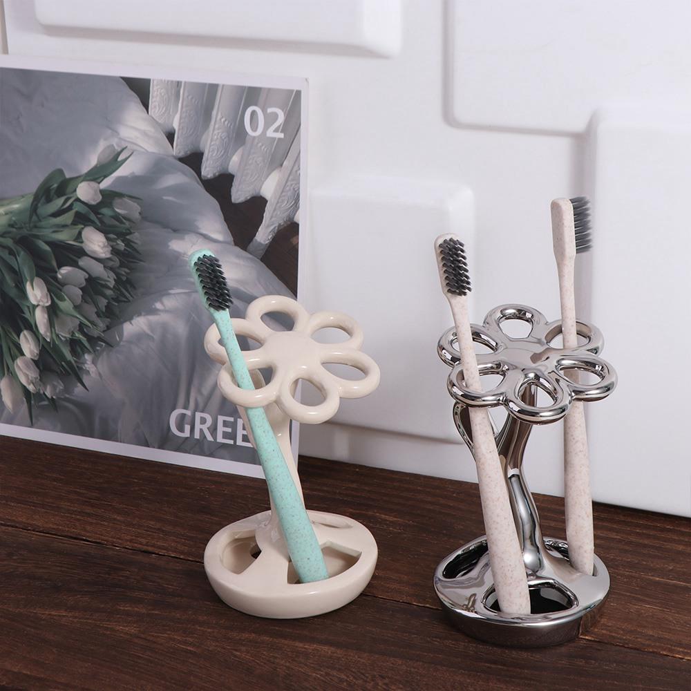 Flower Shaped Ceramic Toothbrush Holder 6 Slots Tooth Brush Storage Racks  Decoration