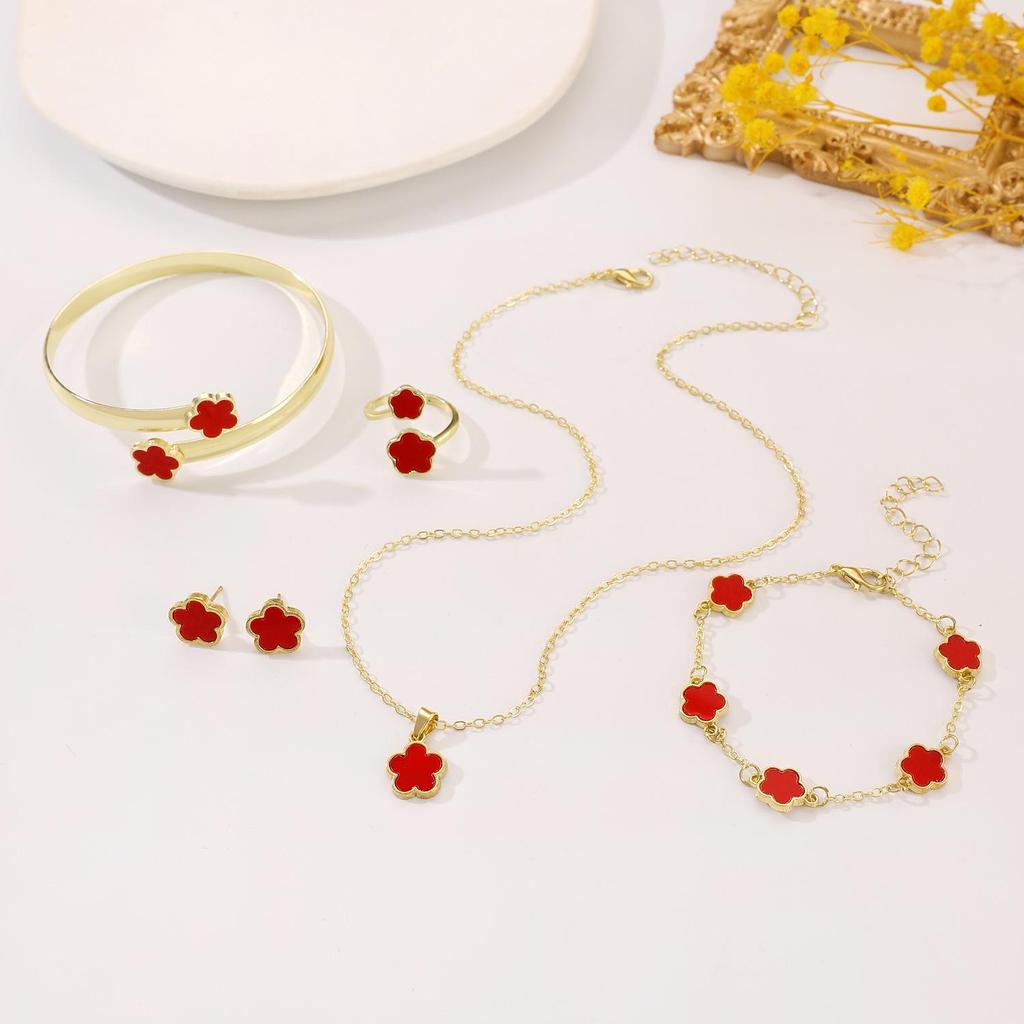 European and American Hot-Selling Lucky Clover Jewelry Set: Five-Leaf Bracelet, Earrings, Necklace & Ring for Women