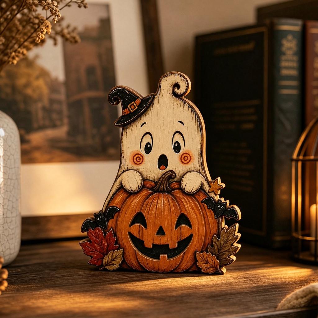 Vintage Wooden Halloween Pumpkin Tabletop Decor with Distressed for Shelf and Mantel Home