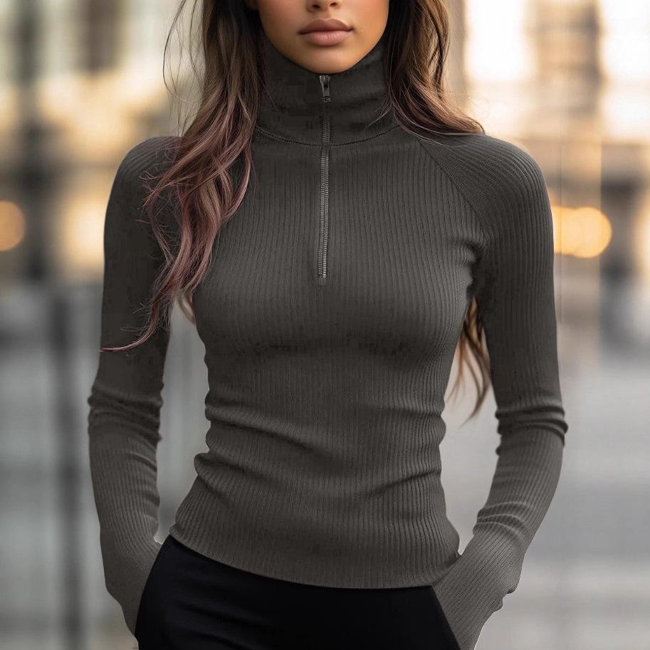 Ribbed Mock Neck Long Sleeve Top with Zipper Detail