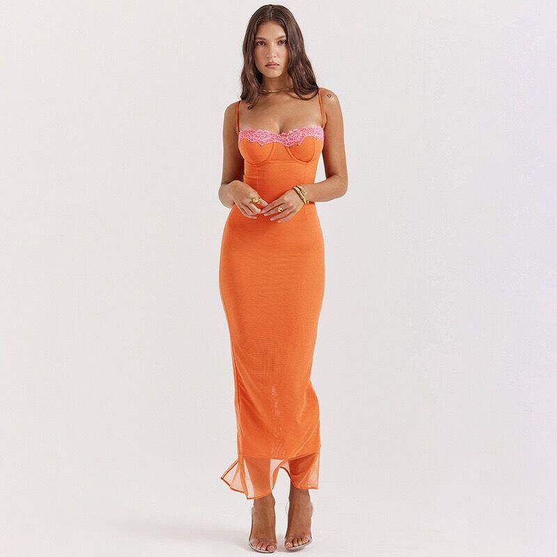 

Foreign Trade European and American Women s Clothing 2026 Summer New Long Dress Lace Trim Strapless Suspender Dress Sexy Dress for Women Orange S