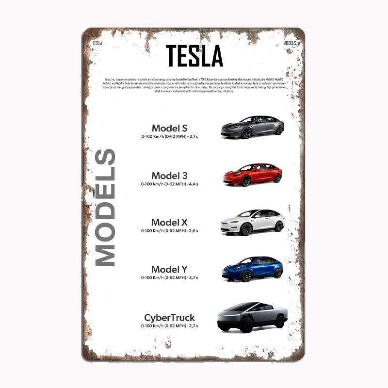 

Металевий знак Постер Моделі автомобілів Tesla Декор для гаража, кімнати, Автомобільний клуб, Бляшаний, Домашній декор 30x40cm(11.8x15.7inch)