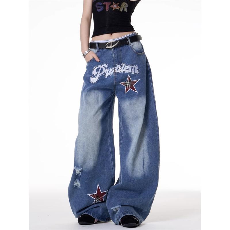New letter and star embroidered gradient wide-leg jeans for women, loose, casual, versatile, textured, floor-length pants