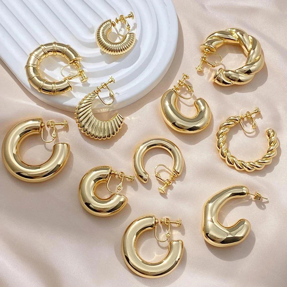 Vintage Oversize Chunky Round Circle Clip Earring for Women C Shape Tube Thick Without Pierced Hoop Earclips Jewelry Trendy