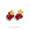 Elegant Red Grape & Gold Leaf Earrings - French Retro Design with Mosquito Coil Plate Clips