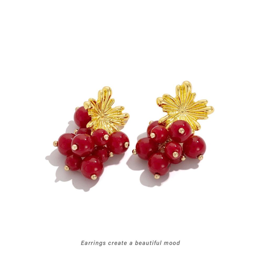 Elegant Red Grape & Gold Leaf Earrings - French Retro Design with Mosquito Coil Plate Clips