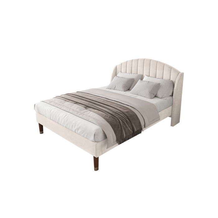 Bett - MUVOE - 140x190 cm - Velours beige - Lattenrost - Gepolstertes Kopfteil