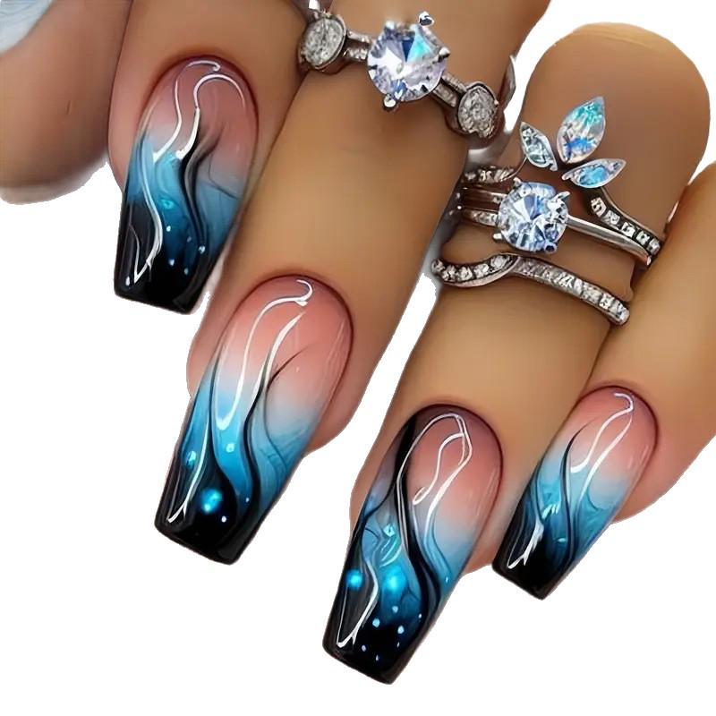 Trendy Blue Gradient Flame Medium Nail Tips – European & American Style