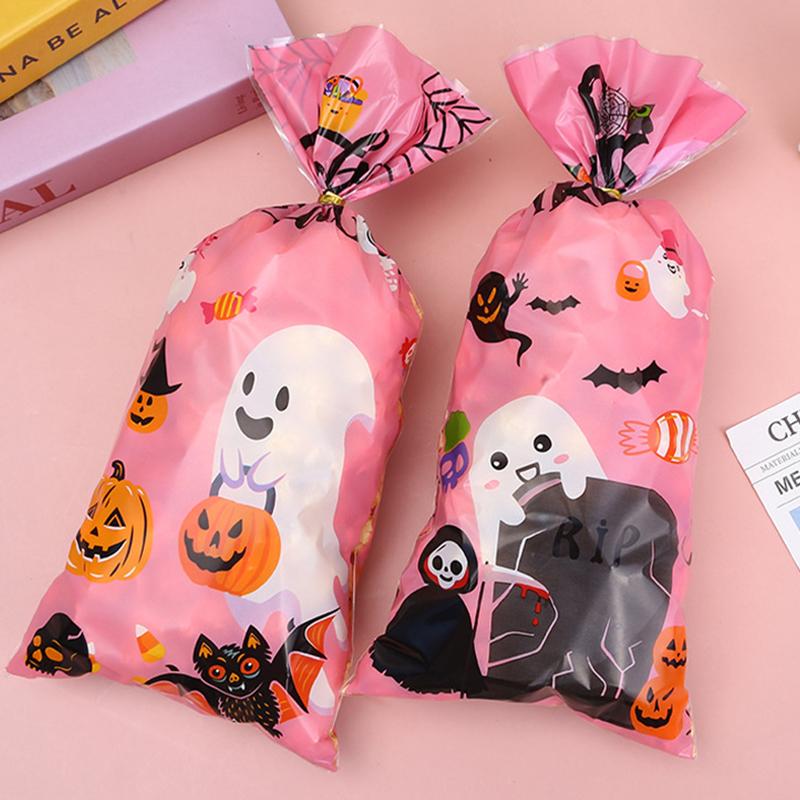 100PCS/Pack Pink Halloween Zip Tie Flat Pocket Mix Style Ghost Pumpkin Decorating Halloween Atmosphere Cookie Snack Gift Bag ZYF