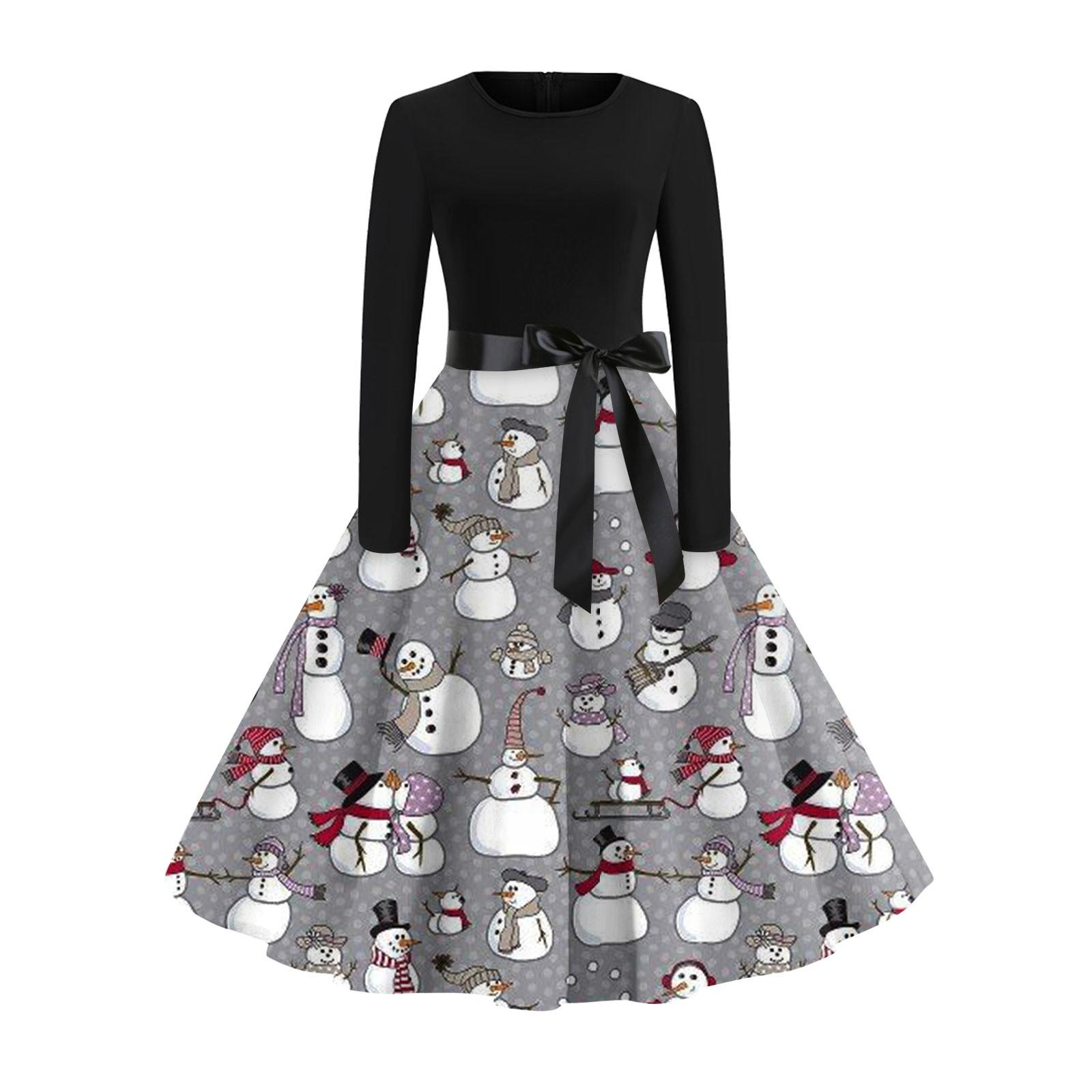 

Рождественский принт расклешенное платье для женщин платье с длинным рукавом полые вечерние повседневные платья XL