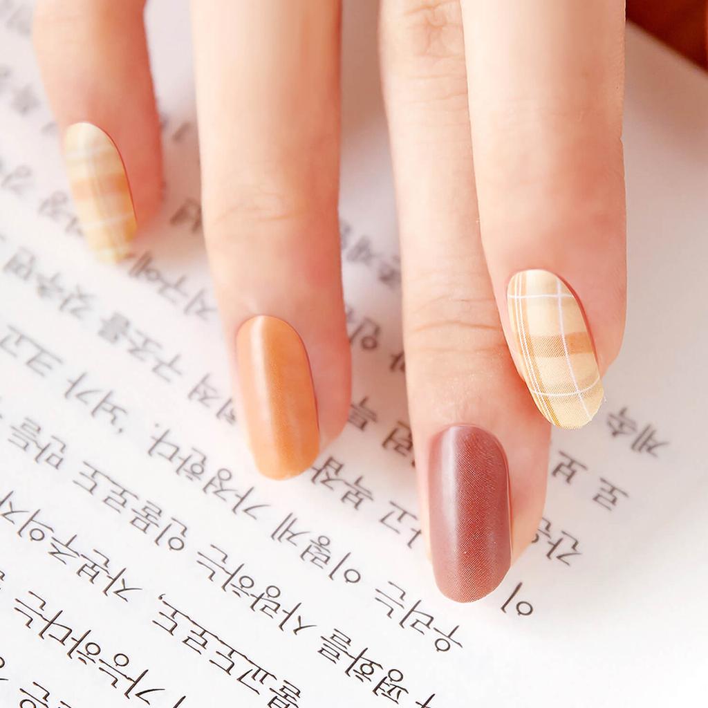 Warm-Tone Nail Stickers 24pcs | Self-Adhesive Strips, Caramel&Plaid Mix, Quick 5-Min Manicure