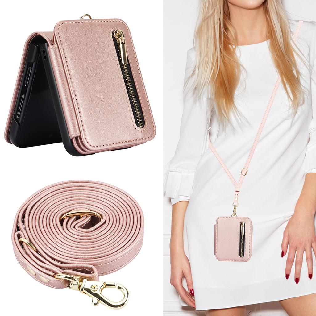 Applicable to Samsung Z Flip6 mobile phone case Z Flip5 solid color zipper change bag card holder diagonal strap