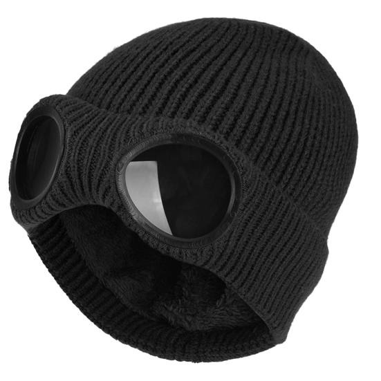 Knitted Hat Glasses Decor Stretchy Soft Plush Lining Casual Ears Protection Solid Color Autumn Winter Women Men Skull Beanie Cap Streetwear